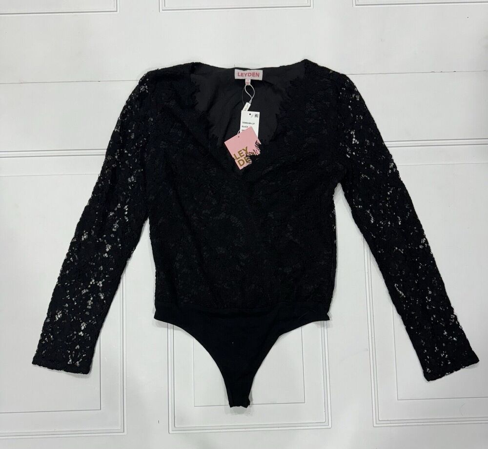 Leyden NWT Women's Sz S Lace Bodysuit Black Long Sleeve Cotton Blend